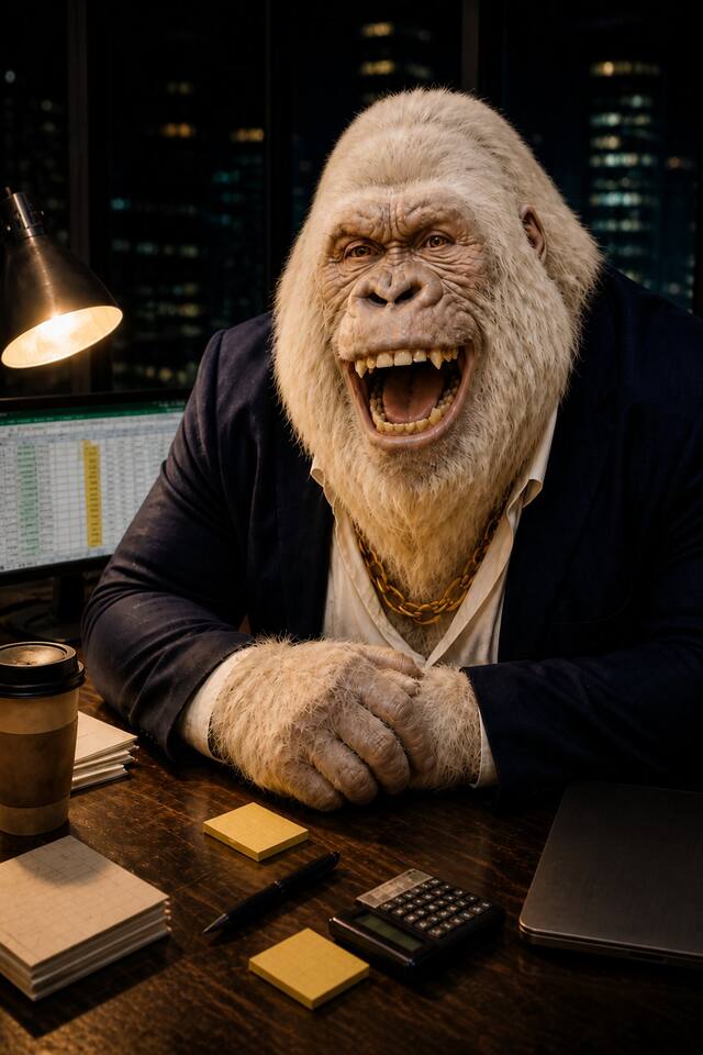 A laughing white gorilla in a navy suit at a night office desk.